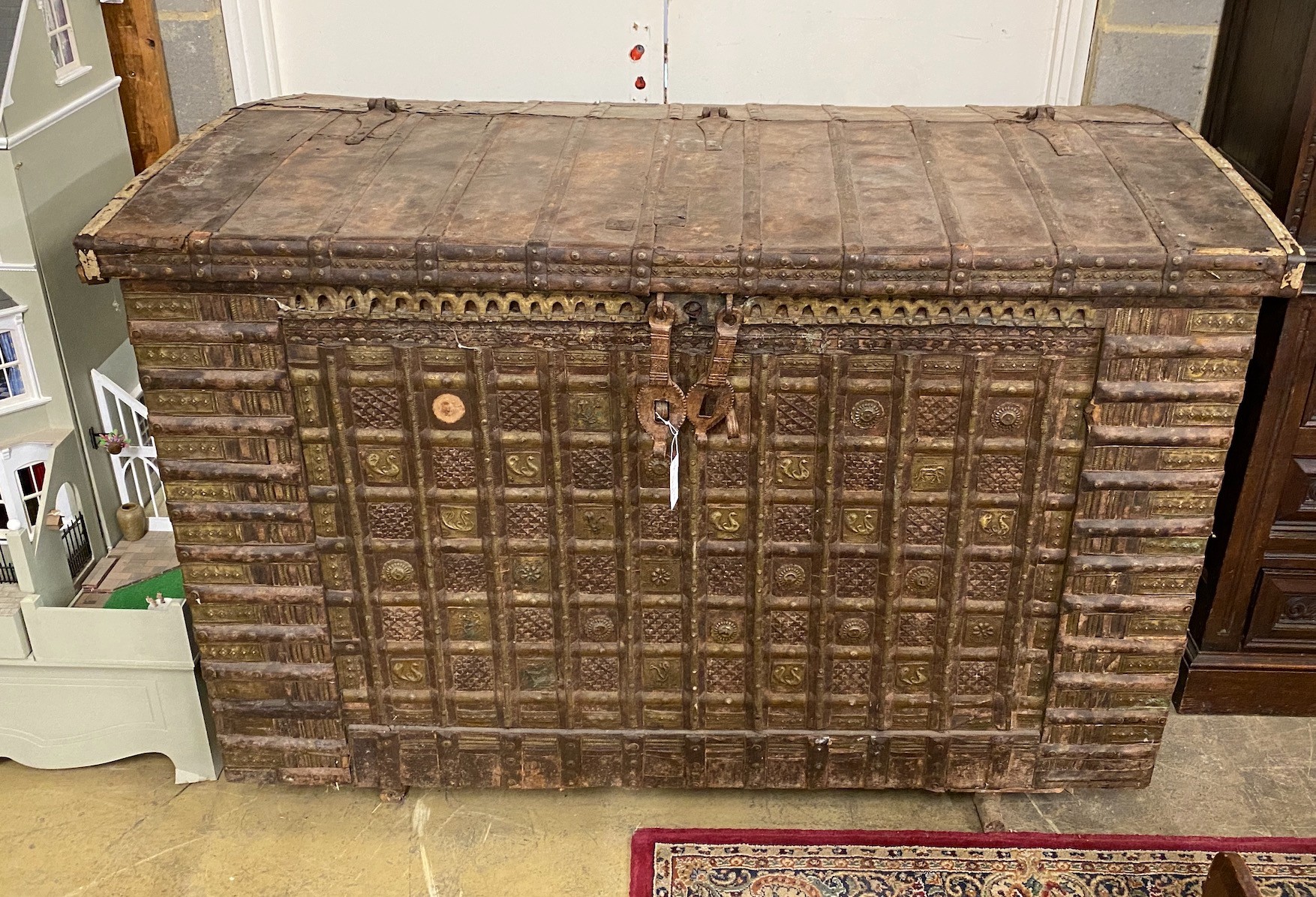 A large iron bound Armada style chest, width 152cm, depth 88cm, height 107cm